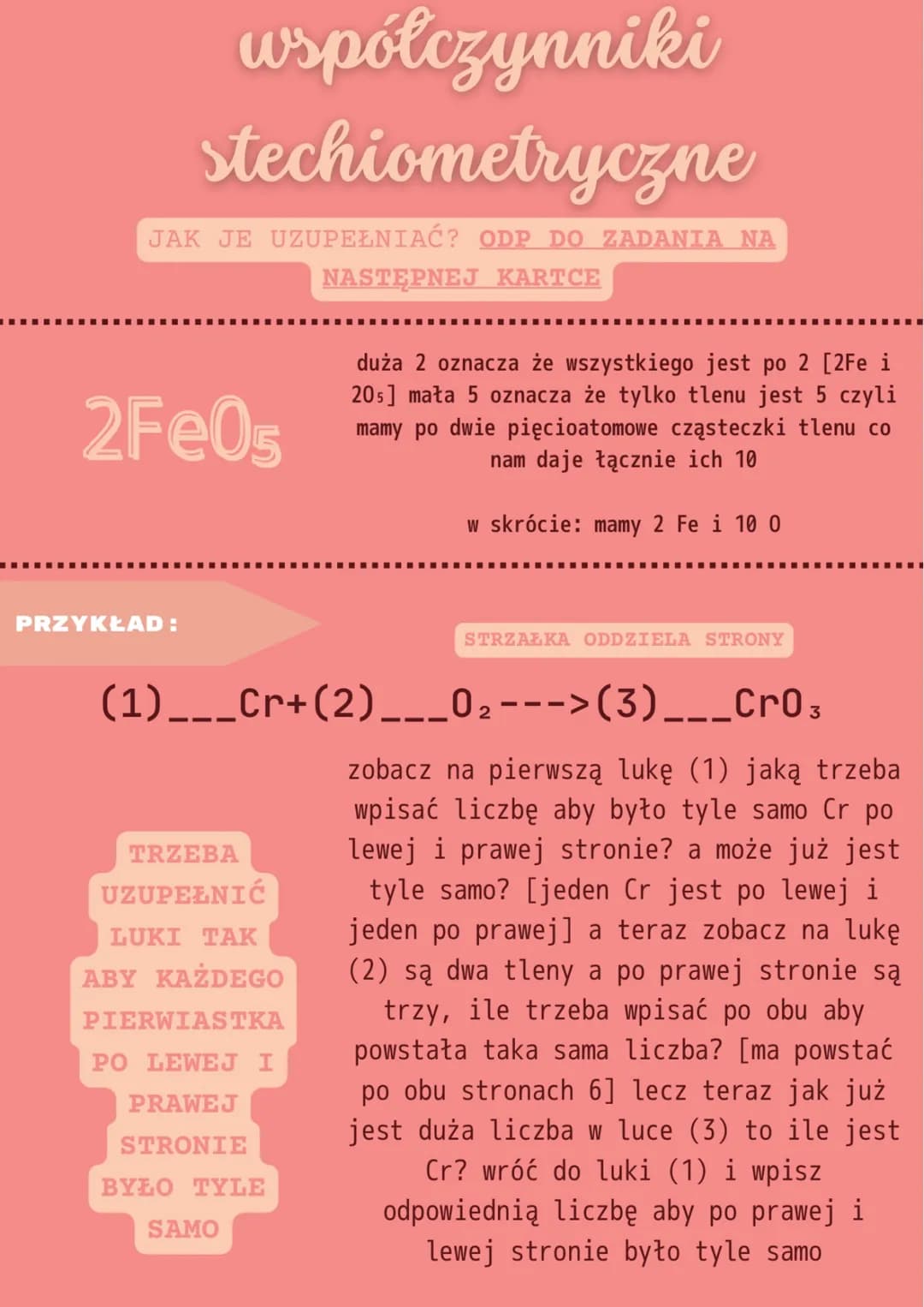 # odpowiedź
(1)___Cr+(2)___O$_2$--->(3)___CrO$_3$
* (1) 2
* (2) 3
* (2) 2
w (1) jest 2 ponieważ
kiedy dopisaliśmy w
(3) 2 aby powstało 6