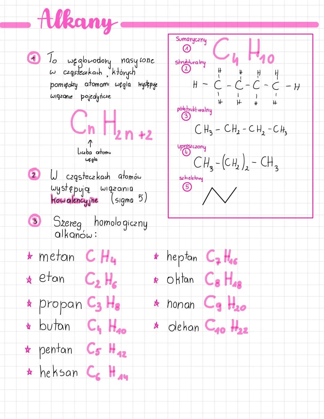 # Alkany
1. To węglowodory nasycone
w cząsteczkach, których
pomiędzy atomami węgla występuje
wiązanie pojedyńcze
$C_n H_{2n+2}$
$↑$
liczba
