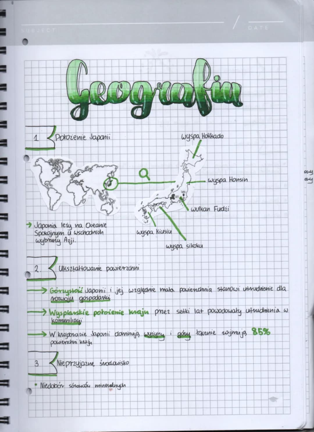SUBJECT
DATE
# Geografia
1. Położenie Japanii
- Wyspa Hokkado
- wyspa Honsin
- wulkan Fudzi
- Japonia leży na Oceanie Spok
