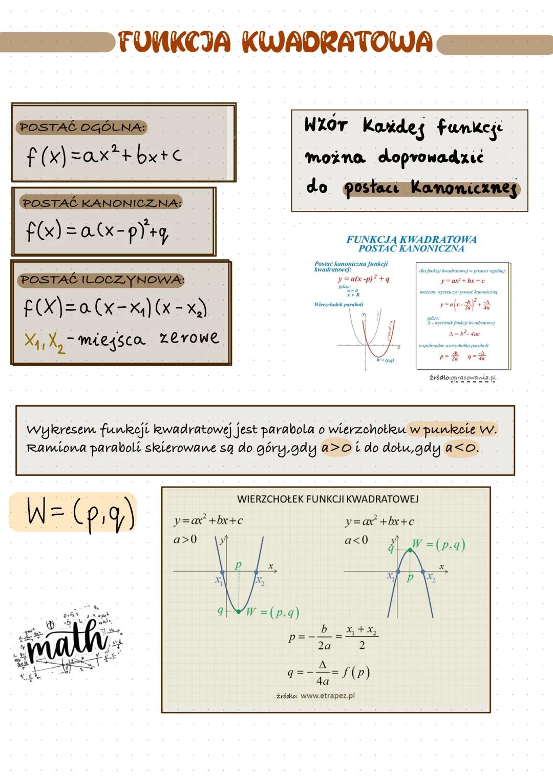 FUNKCJA KWADRATOWA
POSTAĆ OGÓLNA:
f(x) = ax ²+bx+c
POSTAĆ KANONICZNA:
f(x) = a (x-p)²+q₂
POSTAĆ ILOCZYNOWA:
f(x) = a (x-x₁)(x - x₂)
X₁, X₂-m