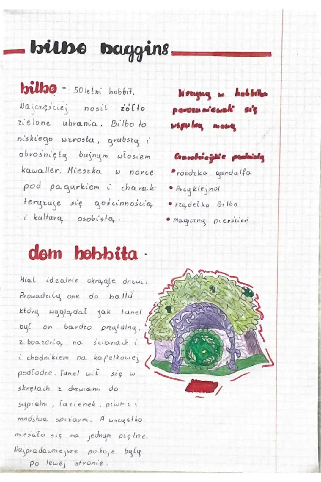hobbit
## miejsce akcji
- Hobbiton
- Rivendell miasto elfow
- Bag End norka Bilba
- Gospoda pod Zielonym Smokiem
- Smauga jaskinia smoka
-