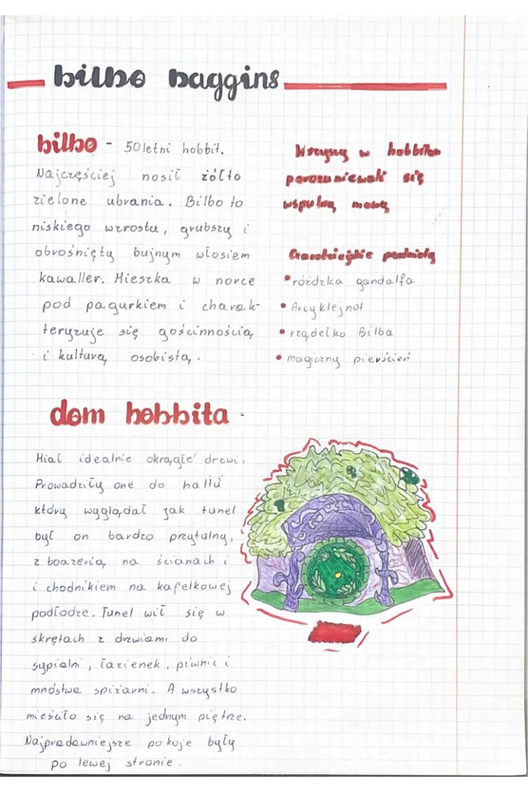 hobbit
## miejsce akcji
- Hobbiton
- Rivendell miasto elfow
- Bag End norka Bilba
- Gospoda pod Zielonym Smokiem
- Smauga jaskinia smoka
-