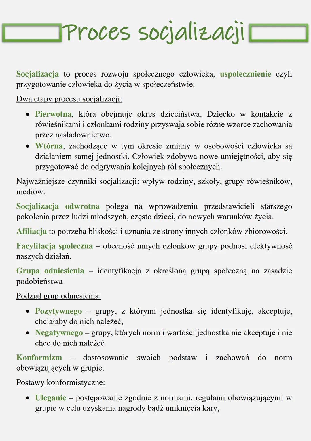 Proces socjalizacji
Socjalizacja to proces rozwoju społecznego człowieka, uspołecznienie czyli
przygotowanie człowieka do życia w społeczeńs