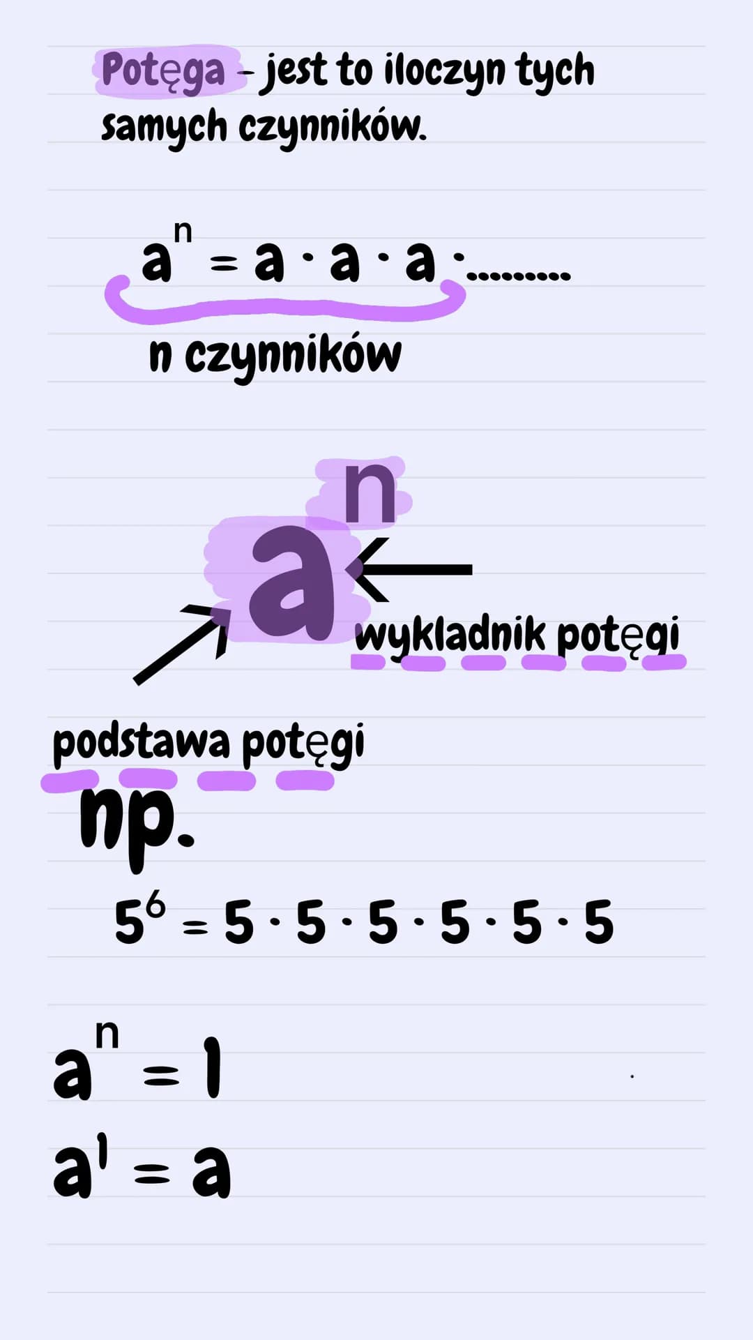 Potęga - jest to iloczyn tych
samych czynników.
$a^n = a \cdot a \cdot a \cdot \dots$
n czynników
n
a
wykładnik potęgi
podstawa potęgi
np.