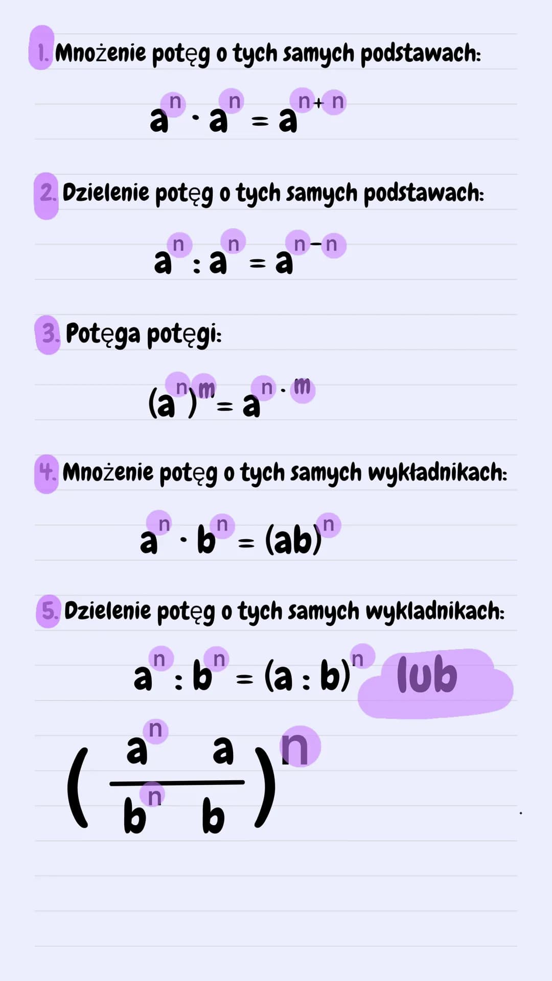 Potęga - jest to iloczyn tych
samych czynników.
$a^n = a \cdot a \cdot a \cdot \dots$
n czynników
n
a
wykładnik potęgi
podstawa potęgi
np.
