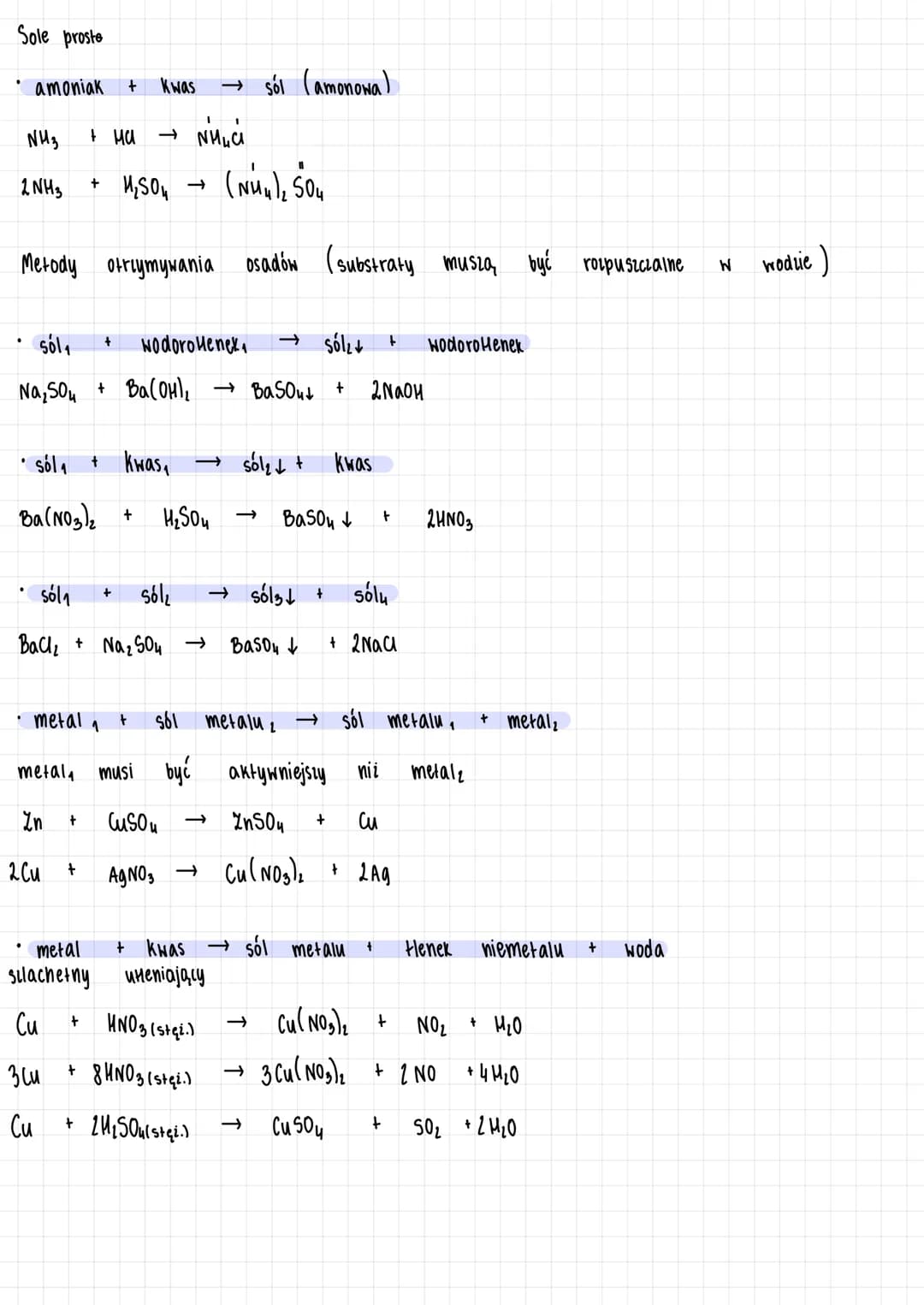 # Metody otrzymywania soli
## Sole proste
1. Melody uniwersalne
- metal aktywny + Kwas $\rightarrow$ sól + wodór
Mg, Ca, Fe, N
