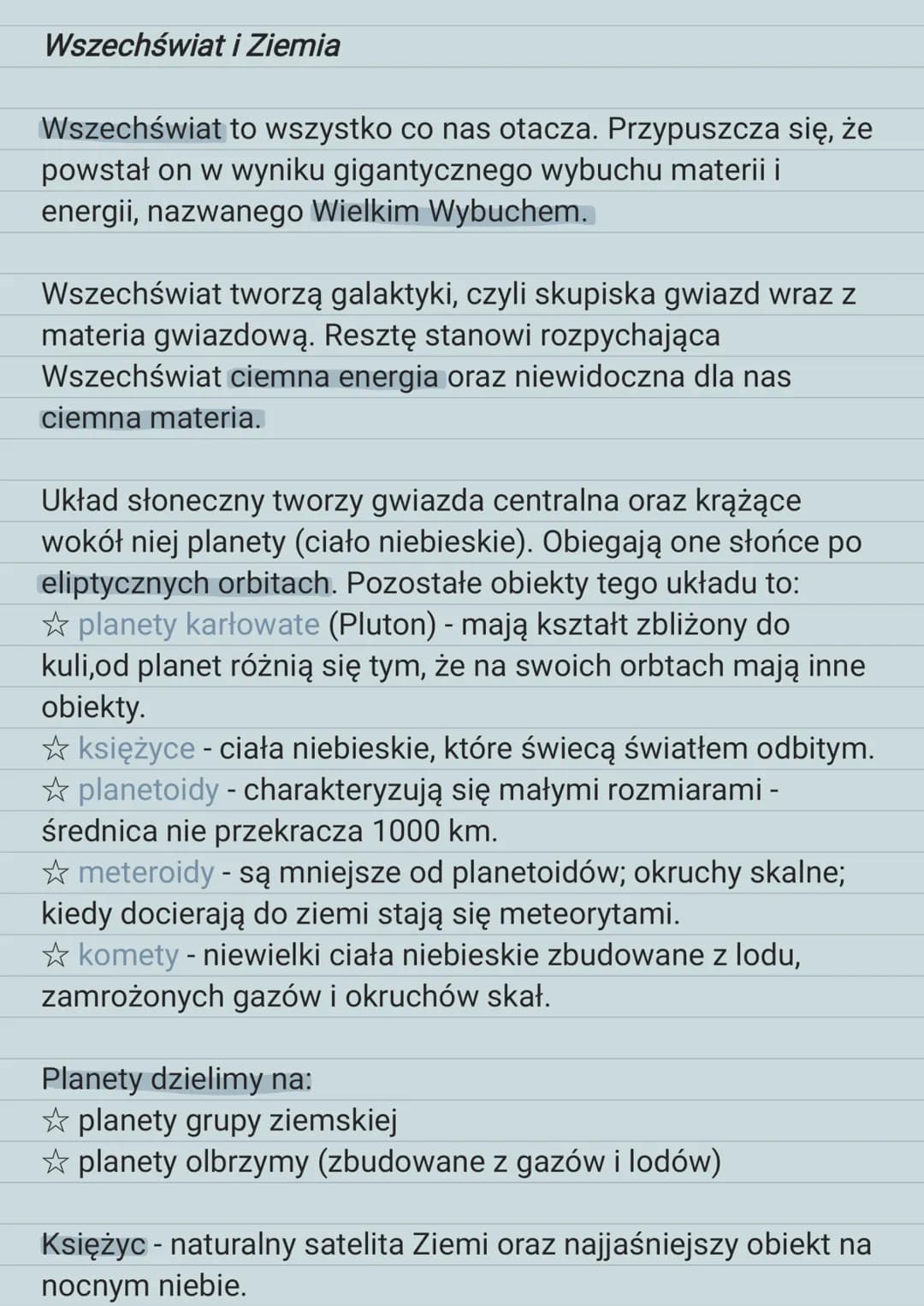 # Wszechświat i Ziemia
Wszechświat to wszystko co nas otacza. Przypuszcza się, że
powstał on w wyniku gigantycznego wybuchu materii i
energi