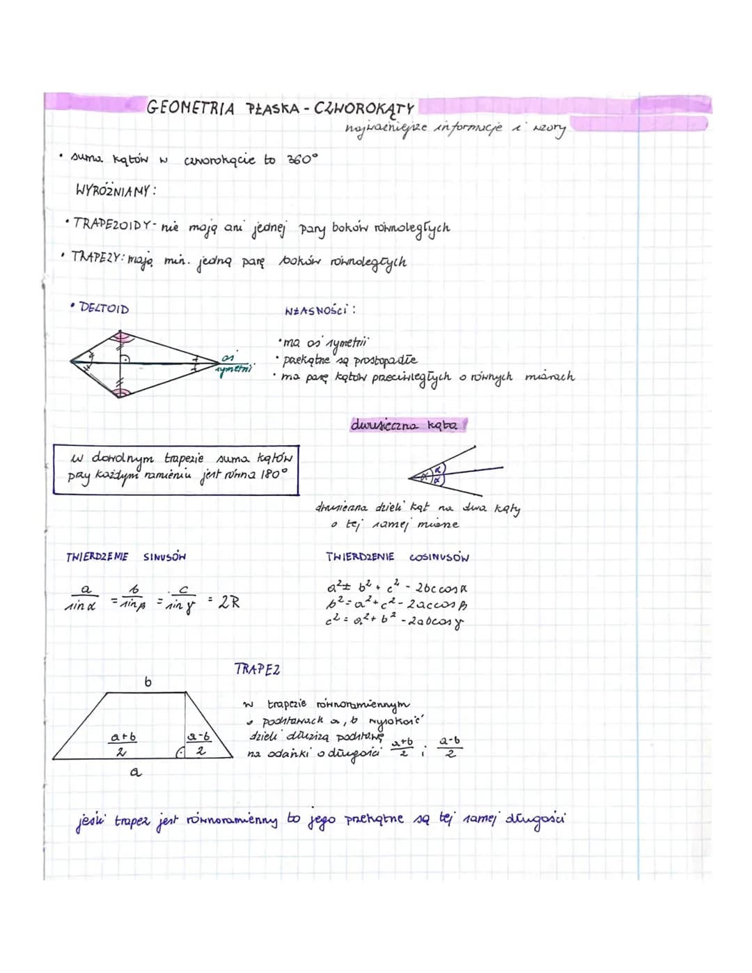 # GEOMETRIA PŁASKA - CZWOROKĄTY
* suma. kątów w czworokącie to $360^°$
## WYRÓŻNIAMY:
* TRAPEZOIDY- nie mają ani jednej pary boków równol