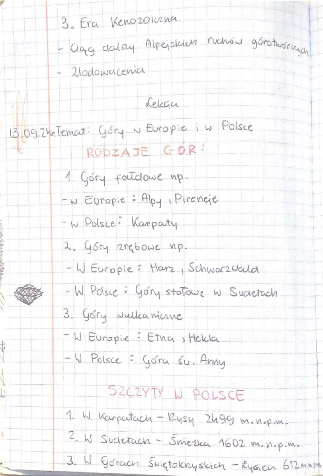 -
3. Era Kenozoiczna
Ciąg dalszy Alpejskich ruchow górotworozyon
- 2lodowacenic
Lekcja
13.09.2hr Temat: Góry w Europie iw
RODZAJE GOR
1. Gor