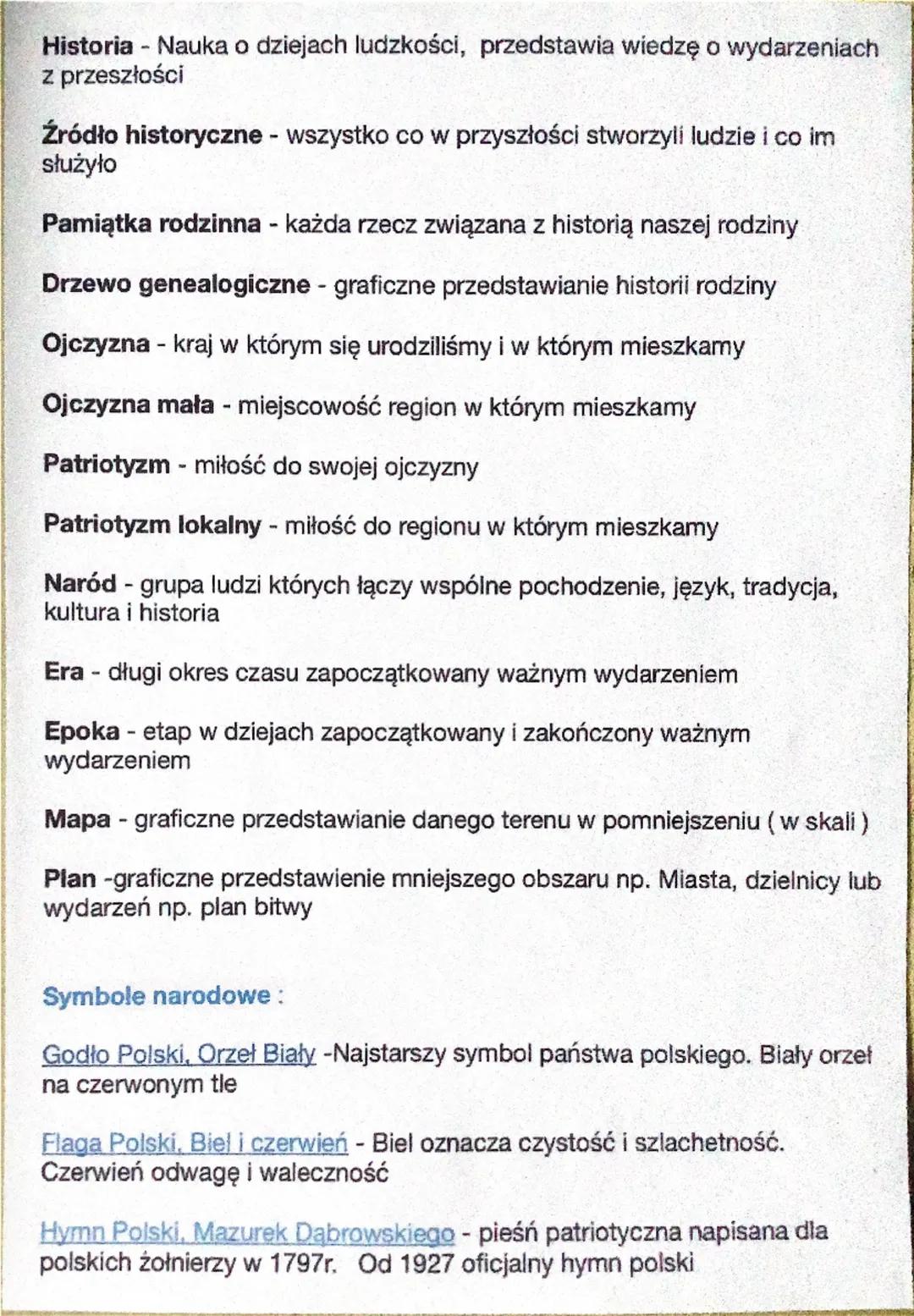 Historia - Nauka o dziejach ludzkości, przedstawia wiedzę o wydarzeniach
z przeszłości
Źródło historyczne - wszystko co w przyszłości stwor