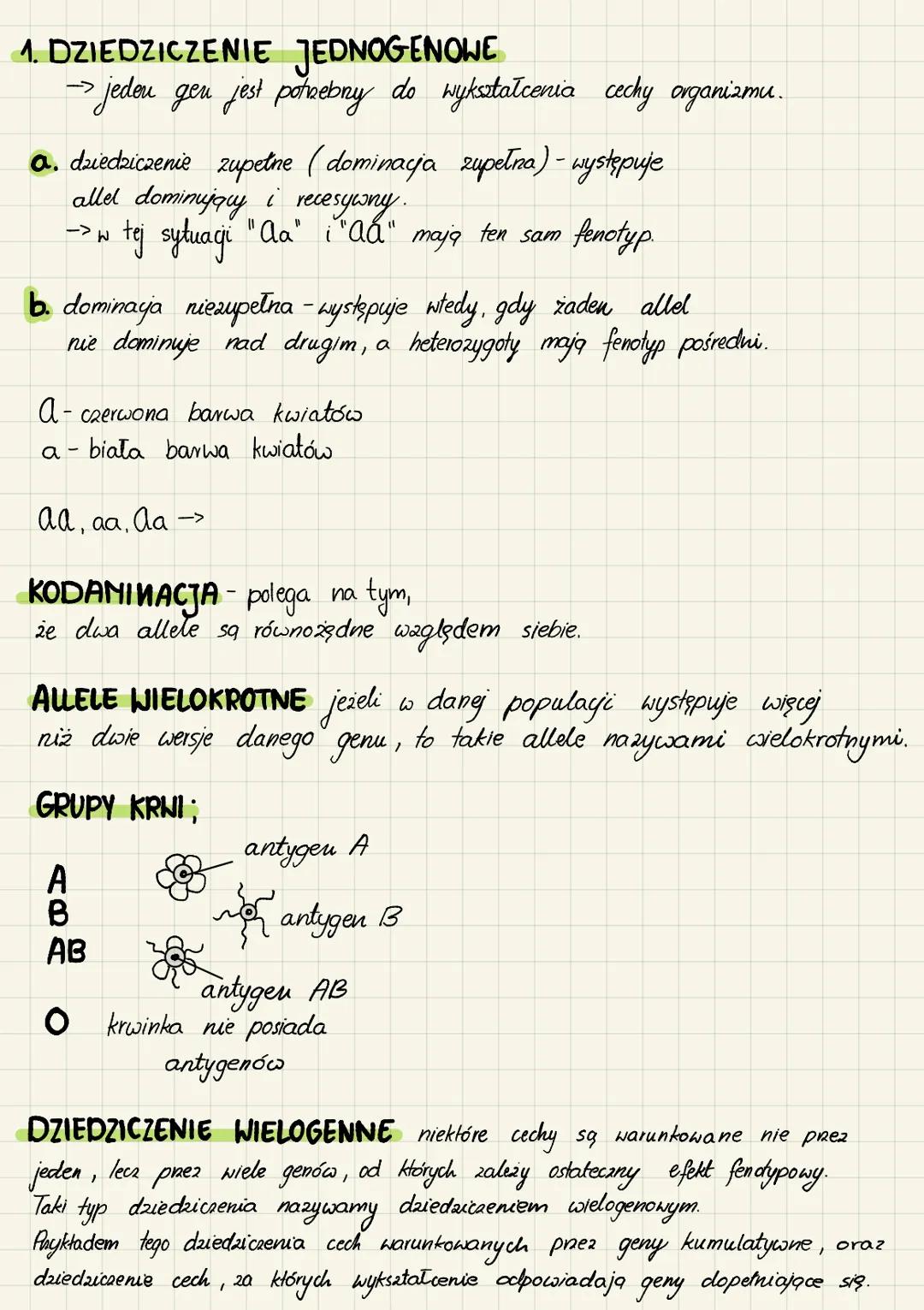 # 1. DZIEDZICZENIE JEDNOGENOWE
→ jedou gen jest potrebny do wykształcenia cechy organizmu.
a. dziedziczenie zupełne (dominacja zupełna) -
