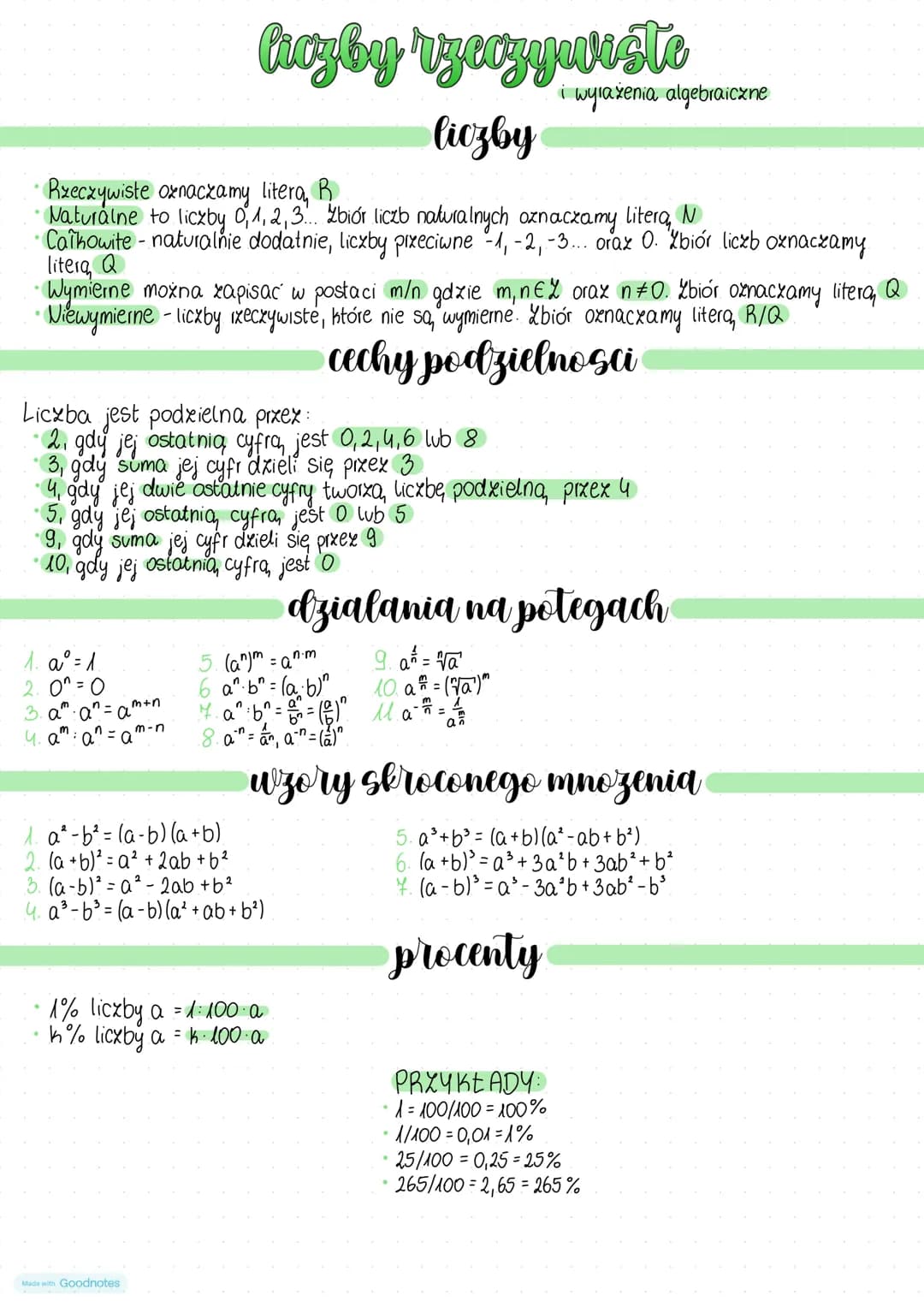 # Liczby rzeczywiste i wyrażenia algebraiczne
## Liczby
- Rzeczywiste oznaczamy literą, R
- Naturalne to liczby $0,1,2,3...$. Zbiór liczb n
