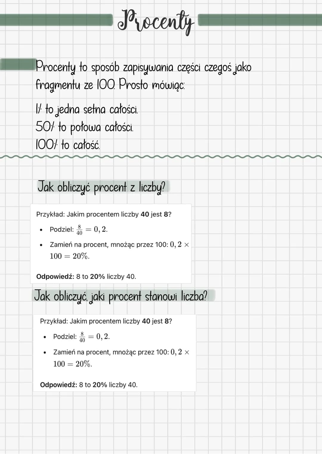 # Procenty
Procenty to sposób zapisywania części czegoś jako fragmentu ze 100. Prosto mówiąc:
* 1/ to jedna setna całości.
* 50% to połowa