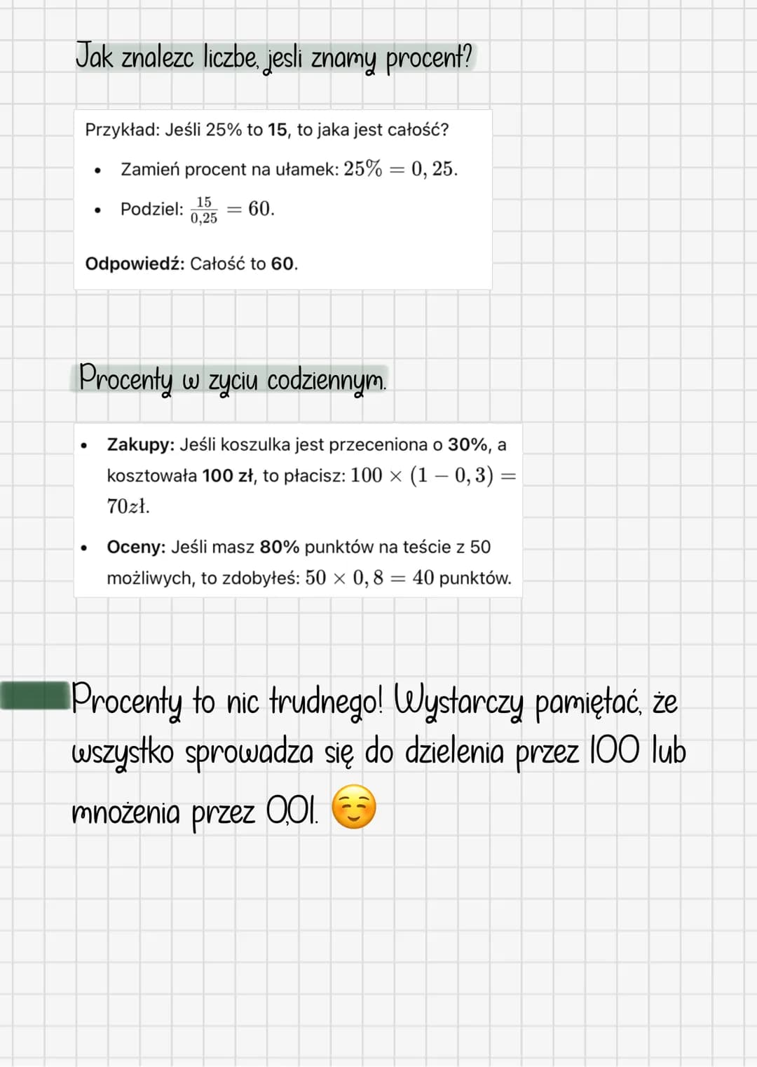 # Procenty
Procenty to sposób zapisywania części czegoś jako fragmentu ze 100. Prosto mówiąc:
* 1/ to jedna setna całości.
* 50% to połowa