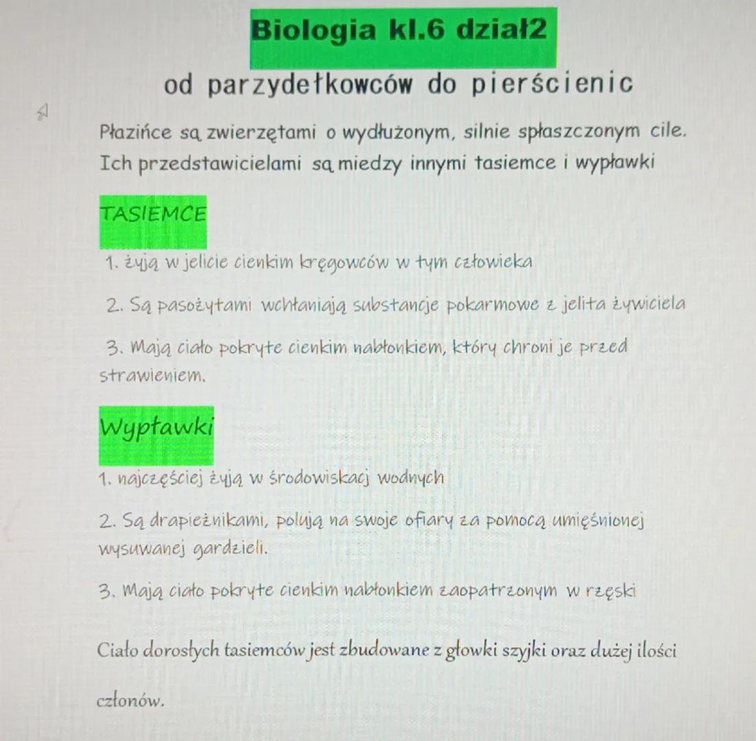 Biologia kl.6 dział2
od parzydełkowców do pierścienic
Płazińce są zwierzętami o wydłużonym, silnie spłaszczonym cile.
Ich przedstawicielami