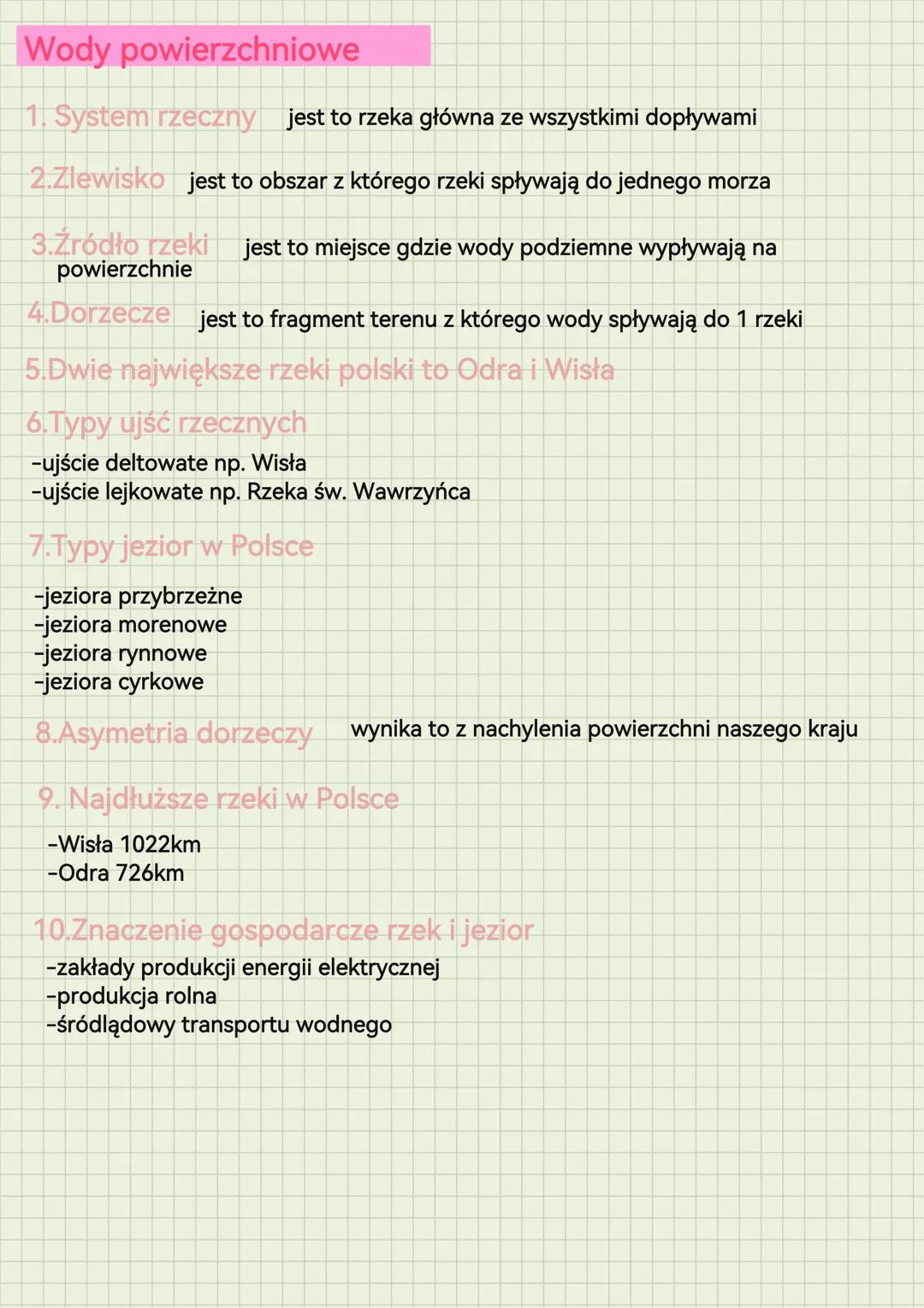 Wody
powierzchniowe
1. System rzeczny jest to rzeka główna ze wszystkimi dopływami
2.Zlewisko jest to obszar z którego rzeki spływają do jed