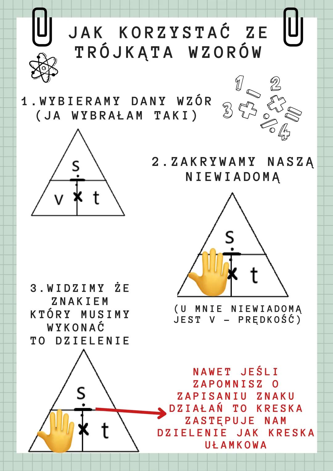 JAK KORZYSTAĆ ZE
TRÓJKĄTA WZORÓW
1.WYBIERAMY DANY WZÓR
(JA WYBRAŁAM TAKI)
S
12
@
34%4
2.ZAKRYWAMY NASZĄ
NIEWIADOMĄ
vxt
S
3.WIDZIMY ŻE
ZNAKI