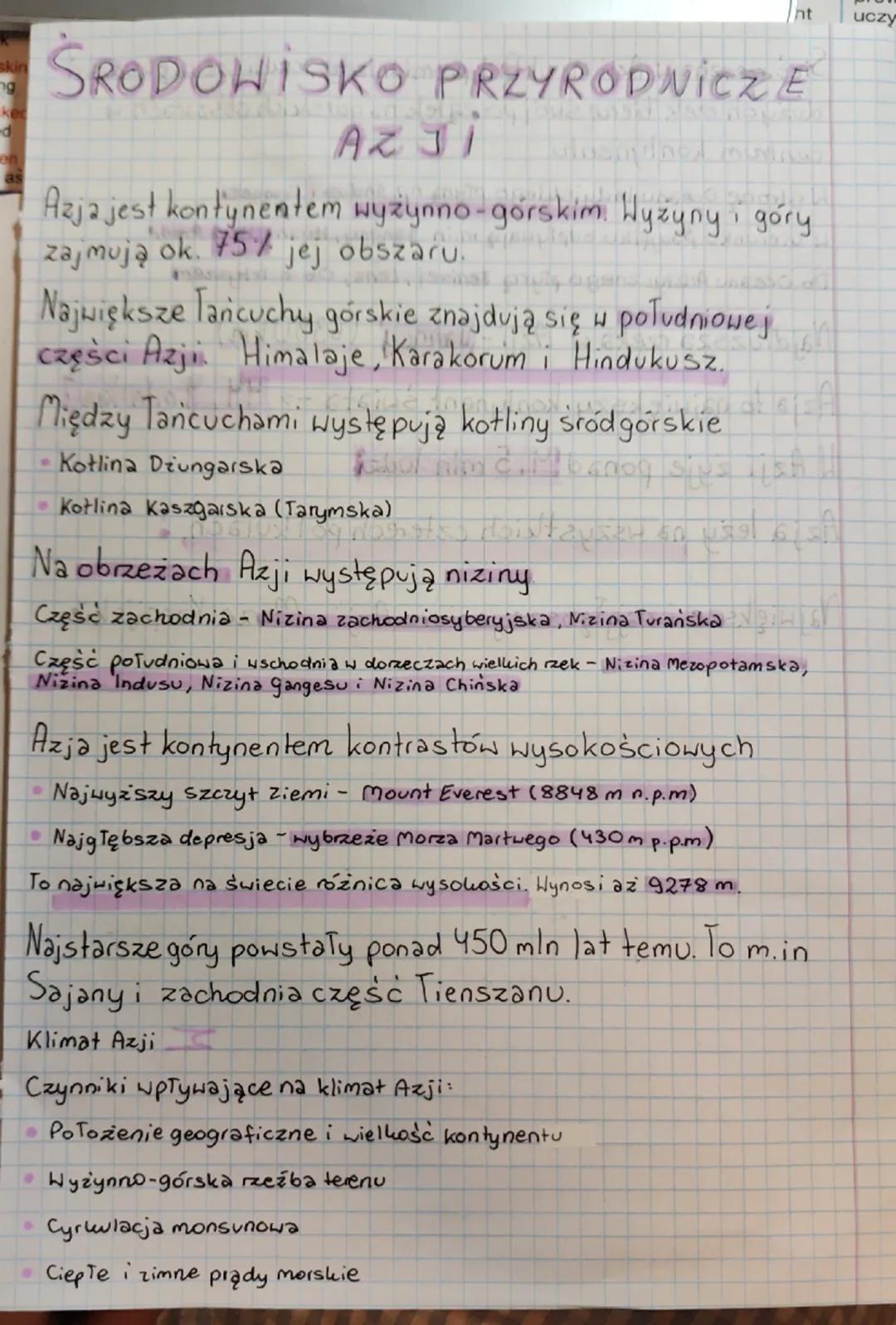 nt
skin
g
ke
-d
as
ŚRODOWISKO PRZYRODNICZE
AZ JI
'
Azja jest kontynentem wyżynno-górskim. Wyżyny góry
zajmują ok. 75%
jej obszaru
Największe