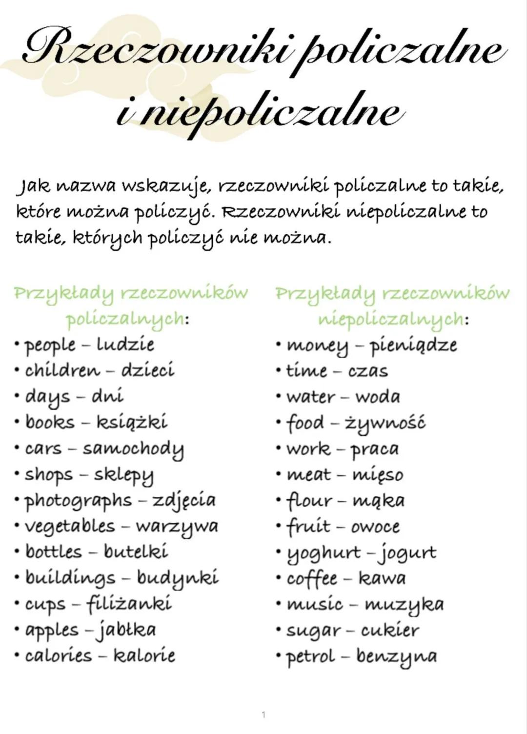 Rzeczowniki policzalne i niepoliczalne