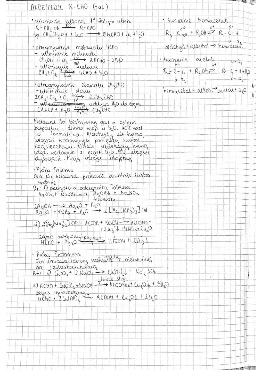 # ALDEHYDY R-CHO (-al)
- utlenianie alkoholi 1° stałymi utlen.
$R-CH_2OH \xrightarrow{CuO} R-CHO$
np. $CH_3CH_2OH + CuO \longrightarrow CH_3