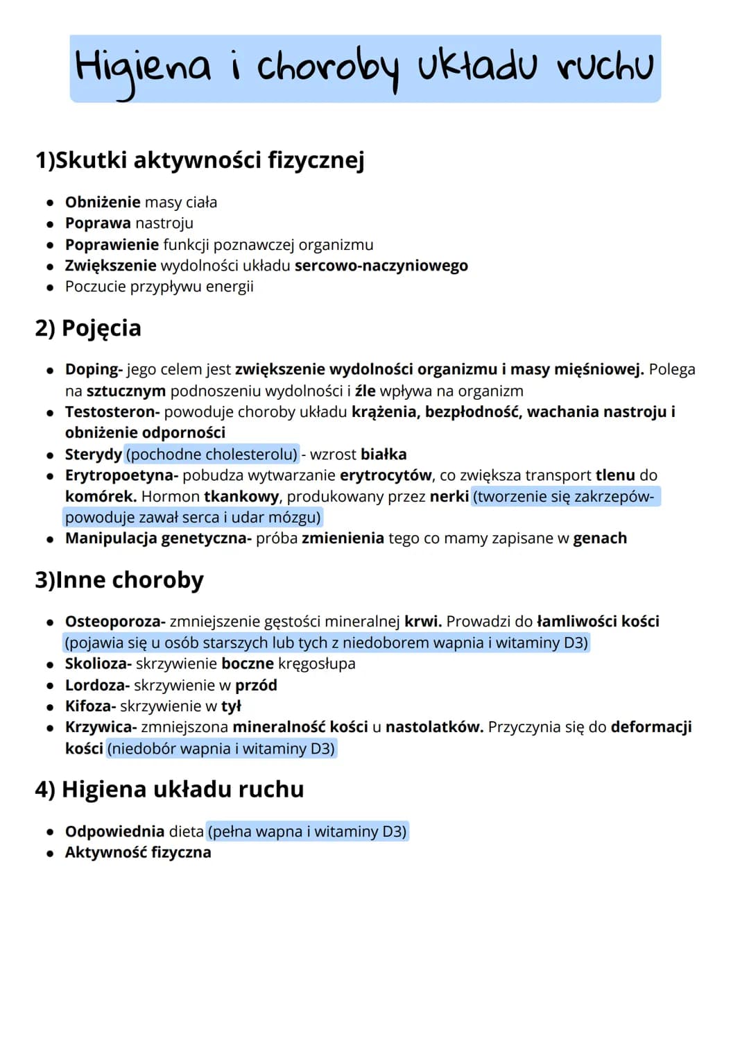 # Higiena i choroby układu ruchu
## 1)Skutki aktywności fizycznej
* Obniżenie masy ciała
* Poprawa nastroju
* Poprawienie funkcji poznawcz