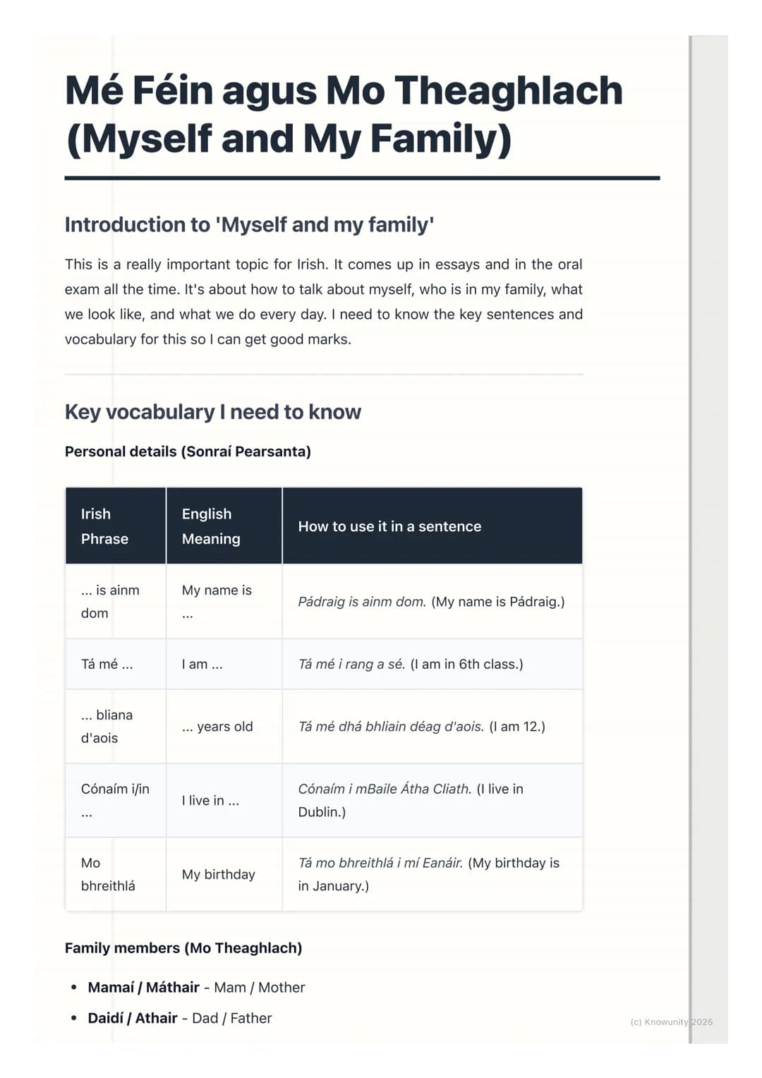 # Mé Féin agus Mo Theaghlach
(Myself and My Family)
Introduction to 'Myself and my family'
This is a really important topic for Irish. It