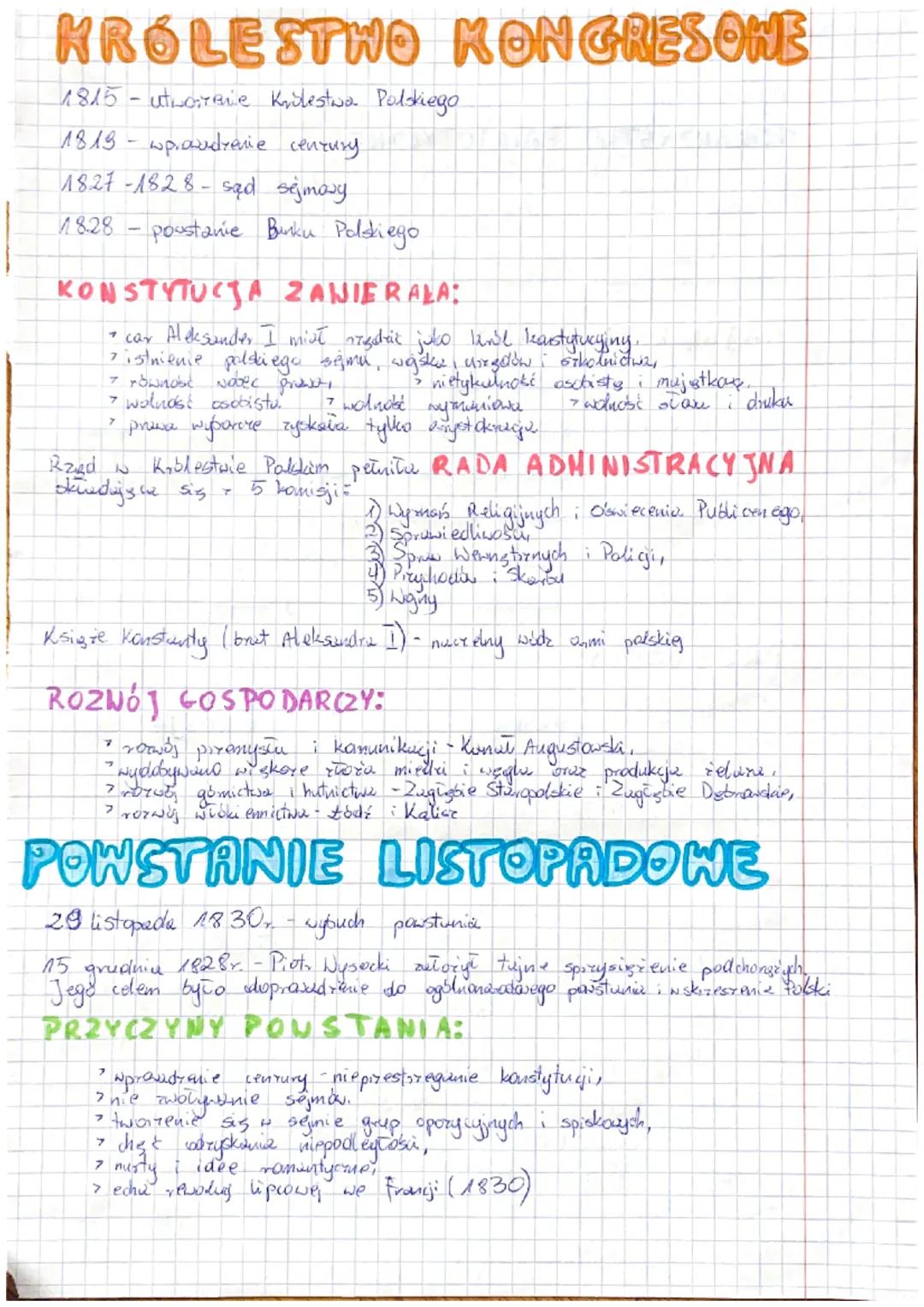 # KRÓLESTWO KONGRESOWE
1815- utworave Kriolestwa Polskiego
1819 wprowadzenie century.
18.27-1828-sąd sejmary
18.28
poustanie Bunku Pols