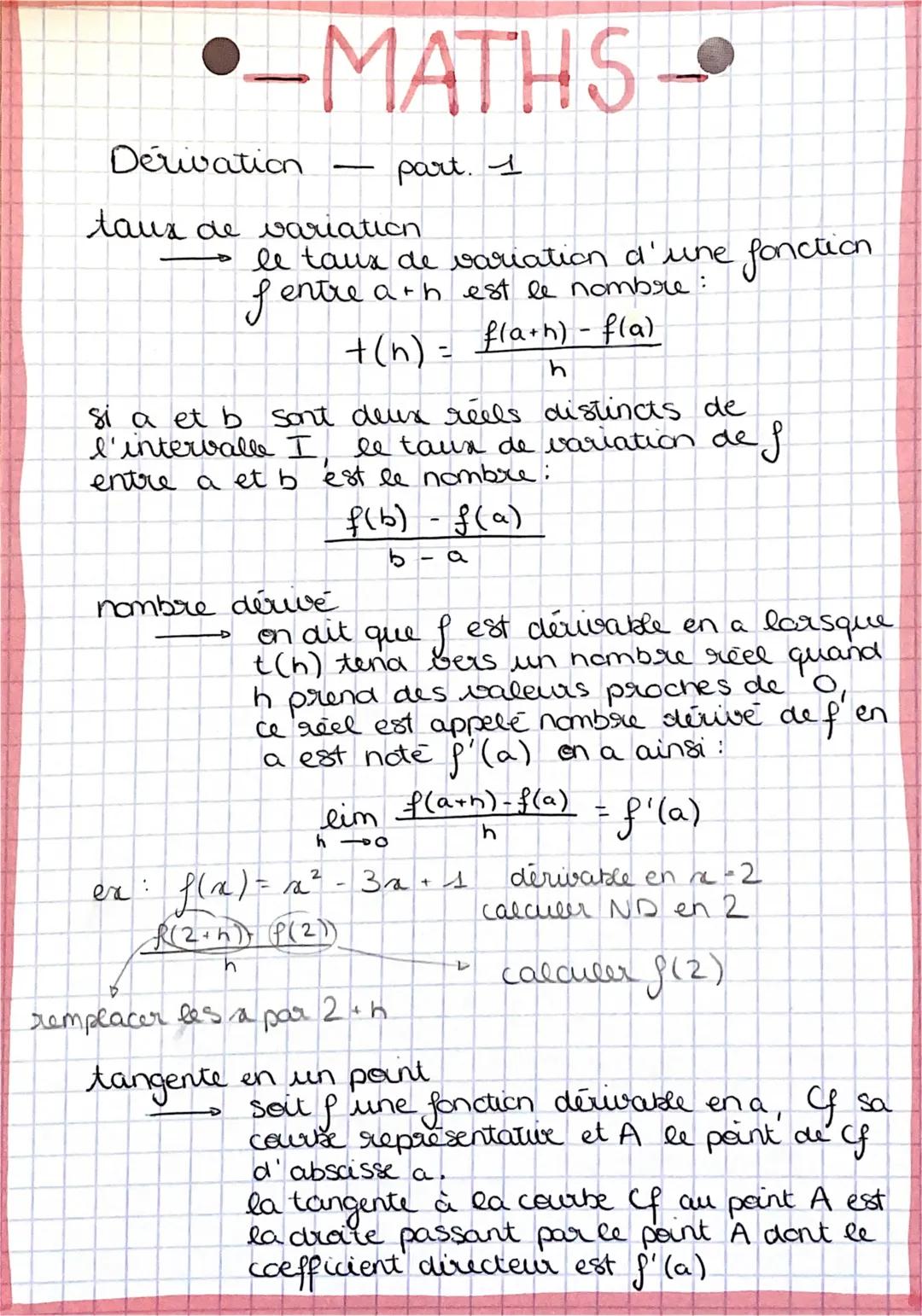 -MATHS-
Dérivation - part. 1
taux de variation
le taux de variation d'une fonction
$f$ entre a+h est le nombre:
+(n) = $\frac{f(a+h)-f(a)