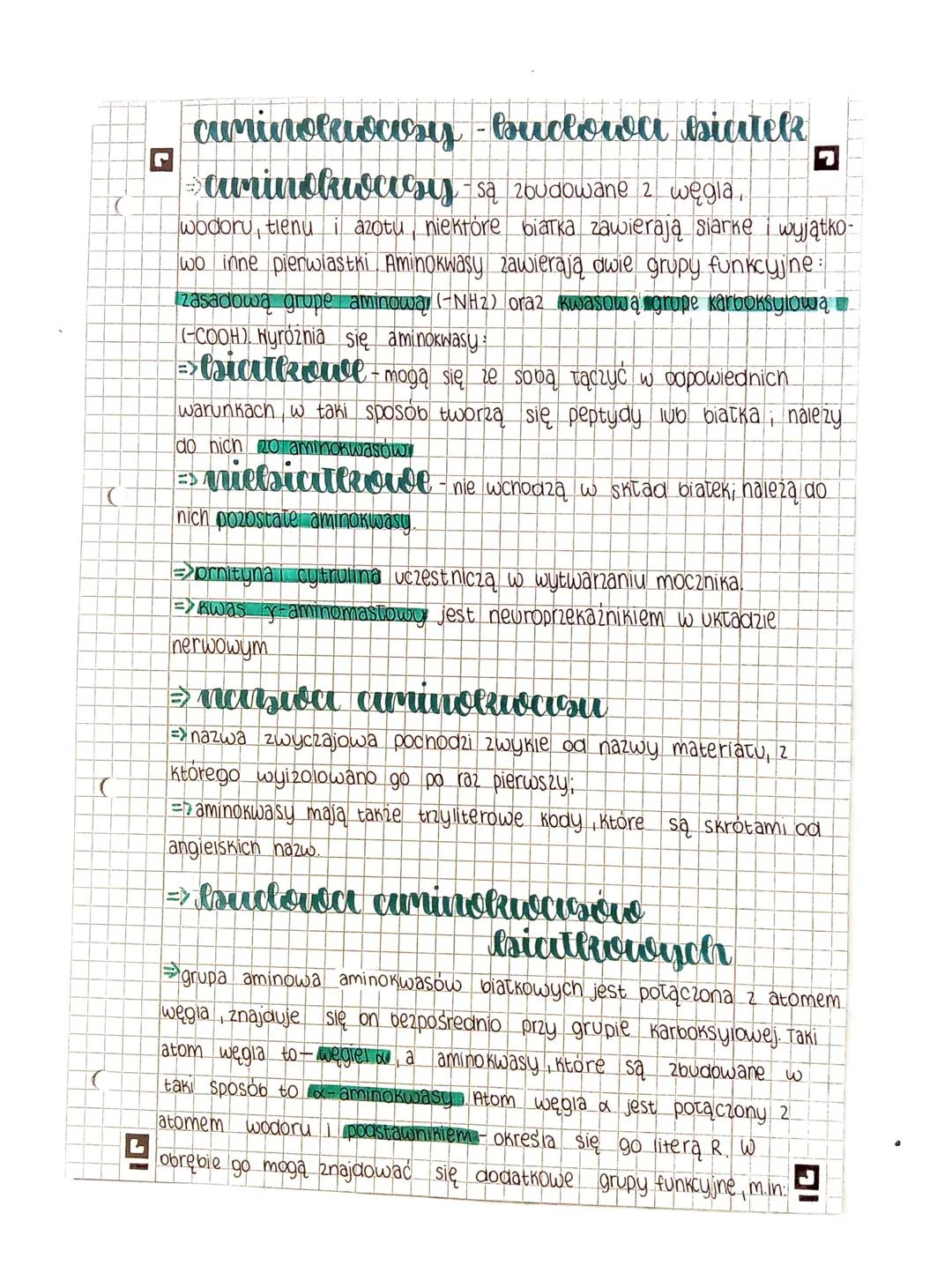 (
L
cuminolecosy-budlowa biatek
→aminokwasy są zoudowane 2 węgla.
wodoru, tlenu i azotu, niektóre białka zawierają siarke i wyjątko-
wo inne