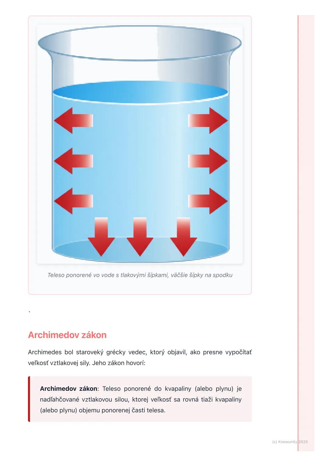 # Vztlaková sila a Archimedov
zákon
1. Prehľad a úvod
Dnes sa budeme učiť o vztlakovej sile a Archimedovom zákone. Je to dôležité,
lebo ná