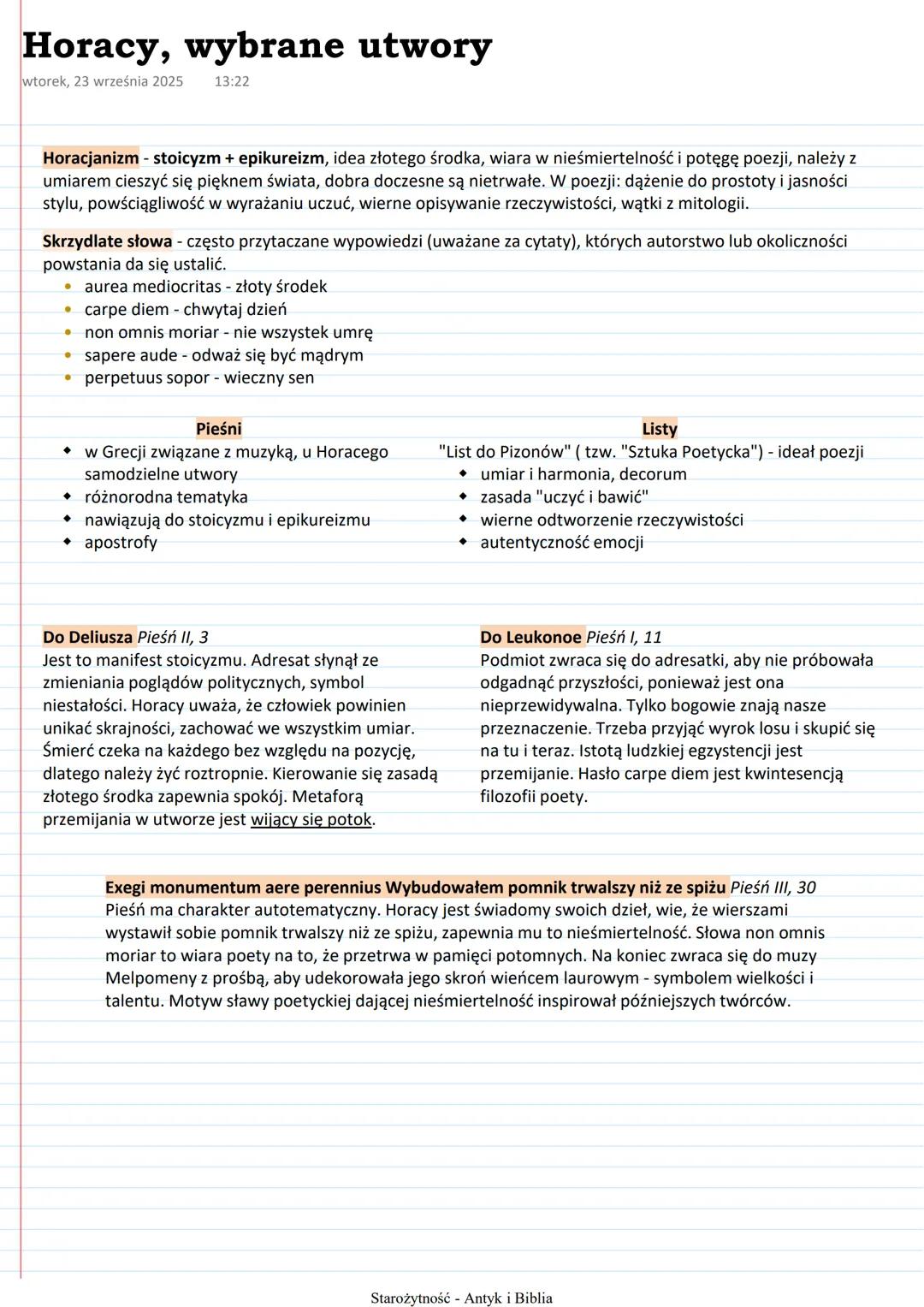 # Horacy, wybrane utwory
wtorek, 23 września 2025 13:22
Horacjanizm - stoicyzm + epikureizm, idea złotego środka, wiara w nieśmiertelność i