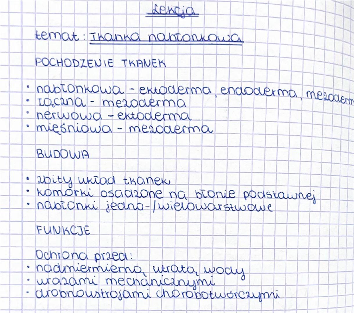 Lekcja
temat: Tkanka nabłonkowa
POCHODZENIE TKANEK
- nabłonkowa - ektoderma, endoderma, mezoderma
- łączna - mezoderma
- nerwowa - ektoderma