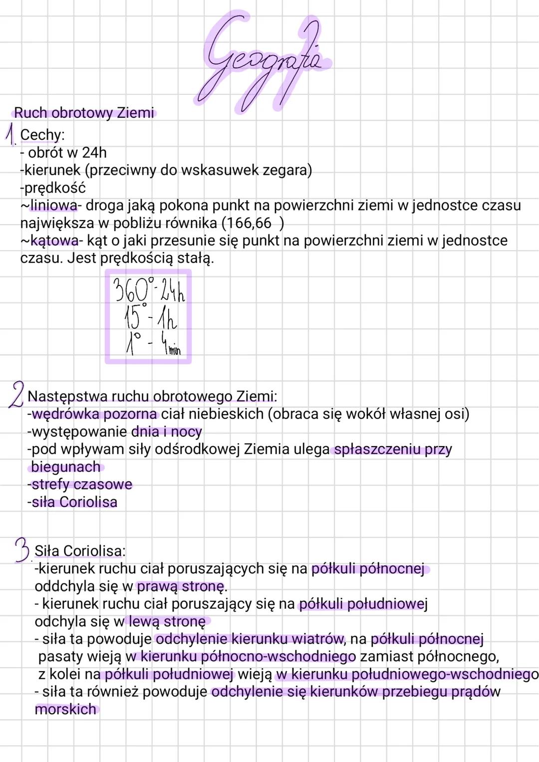 Ruch obrotowy Ziemi
Cechy:
obrót w 24h
-kierunek (przeciwny do wskasuwek zegara)
-prędkość
Geogale
~liniowa- droga jaką pokona punkt na powi