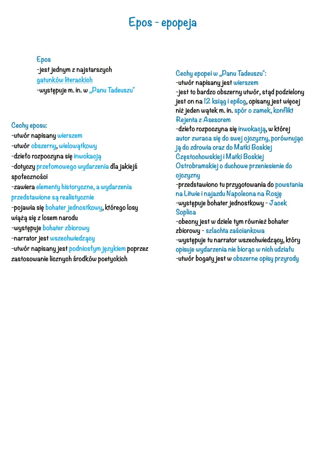Epos - epopeja
Epos
-jest jednym z najstarszych
gatunków literackich
-występuje m.in. w ,,Panu Tadeuszu"
Cechy eposu:
-utwór napisany wiersz