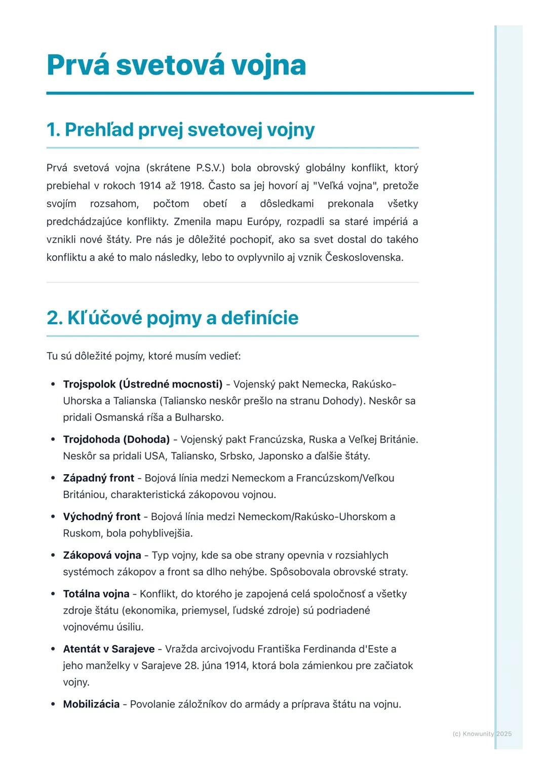 # Prvá svetová vojna
## 1. Prehľad prvej svetovej vojny
Prvá svetová vojna (skrátene P.S.V.) bola obrovský globálny konflikt, ktorý
prebie
