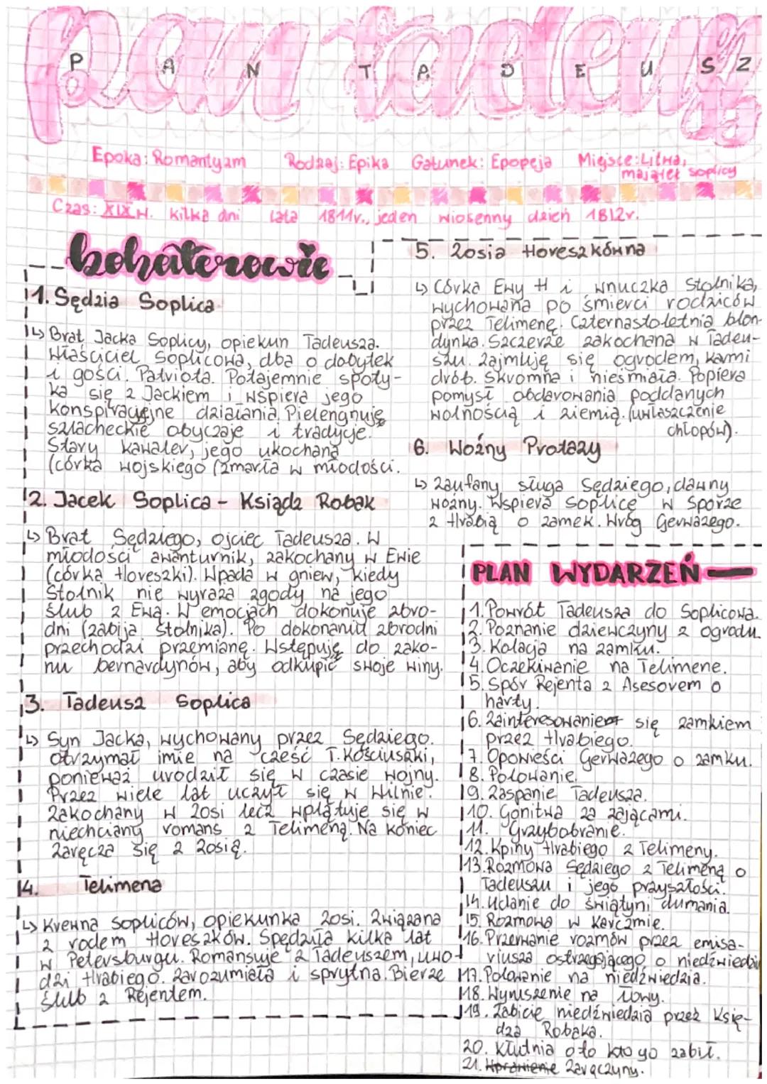 HARRY ROueleke
1. Sędzia Soplica.
1
Epoka: Romantyam
Rodzaj: Epika Gatunek: Epopeja Miejsce:Litma,
IL Brat Jacka Soplicy, opiekun Tadeusza.