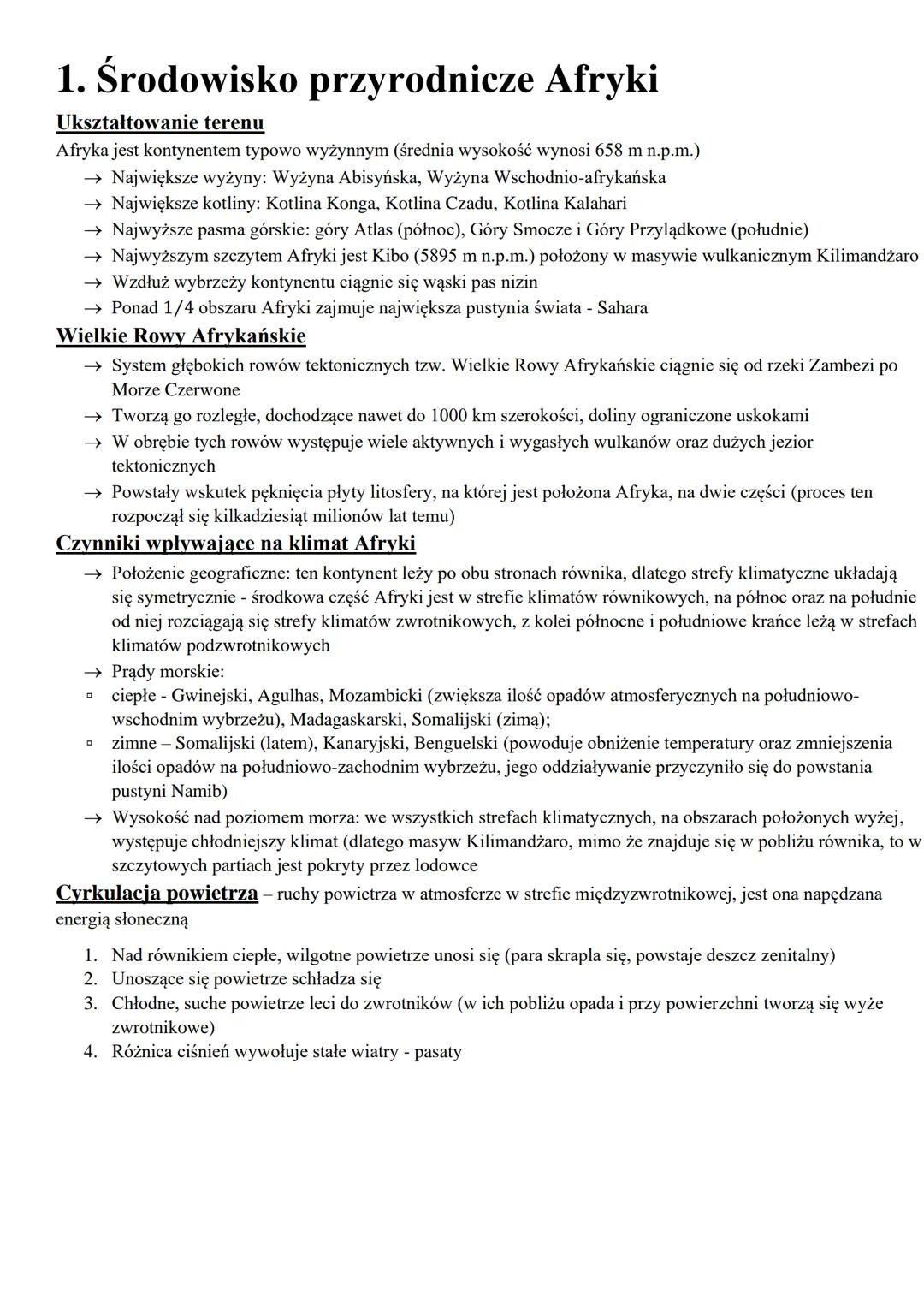 # 1. Środowisko przyrodnicze Afryki
Ukształtowanie terenu
Afryka jest kontynentem typowo wyżynnym (średnia wysokość wynosi 658 m n.p.m.)