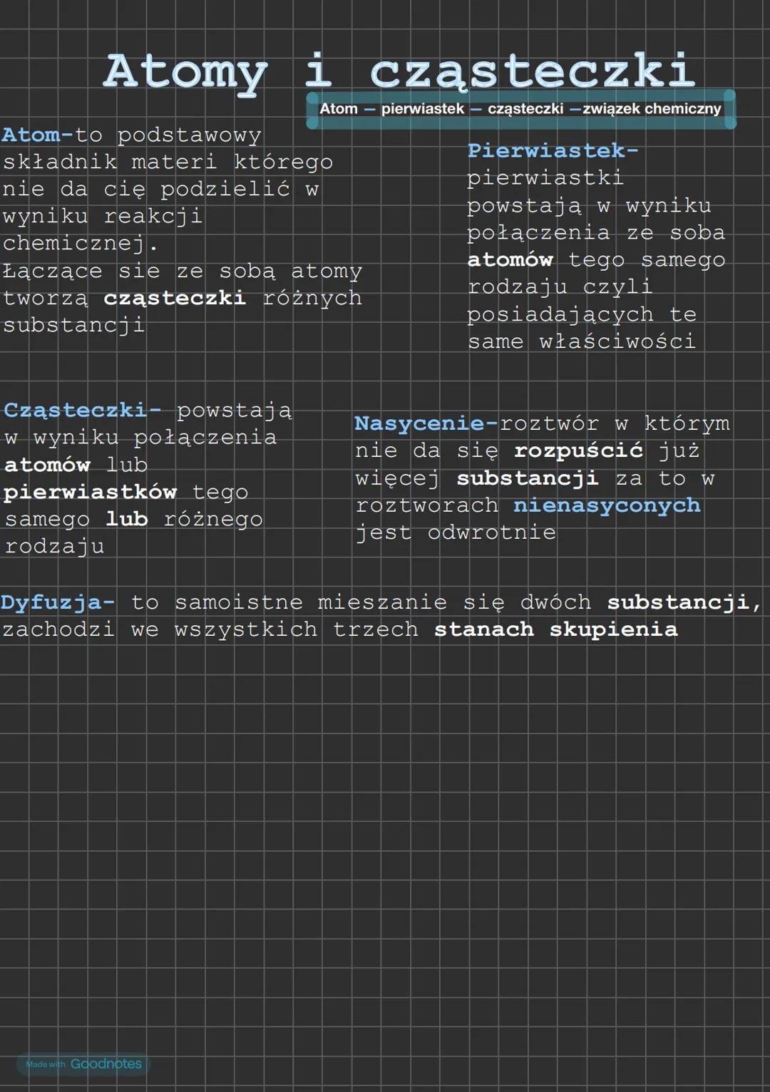 Atomy i cząsteczki
Atom - pierwiastek – cząsteczki - związek chemiczny
Atom-to podstawowy
składnik materi którego
nie da cię podzielić w
wyn