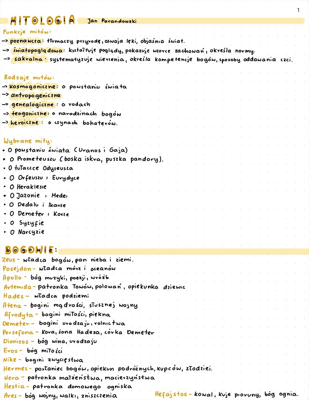 # MITOLOGIA Jan Parandowski
Funkcje mitów:
-> poznawcza: tłumaczy przyrodę, oswaja lęki, objaśnia świat.
-> światopoglądowa: kształtuje p
