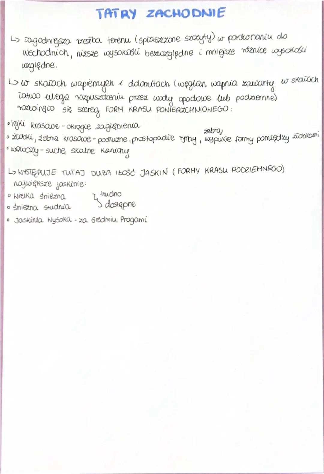 1)POŁOZENIE TATR
o
ZRÓŻNICOWANIE ŚRODOWISKA
• Tatry- najwyższe pasmo górskie Karpat
。 cechach rzeźby wysokogórskiej, leżąca
środkowej części