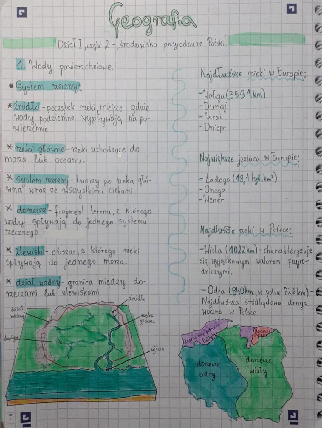 L
اد
Geografia
"DRial I, caesi 2 - środowisko przyrodnicze Polski..
4. Wody powierzchniowe.
•System rzeczny.
*Źródło - początek rzeki, miejs
