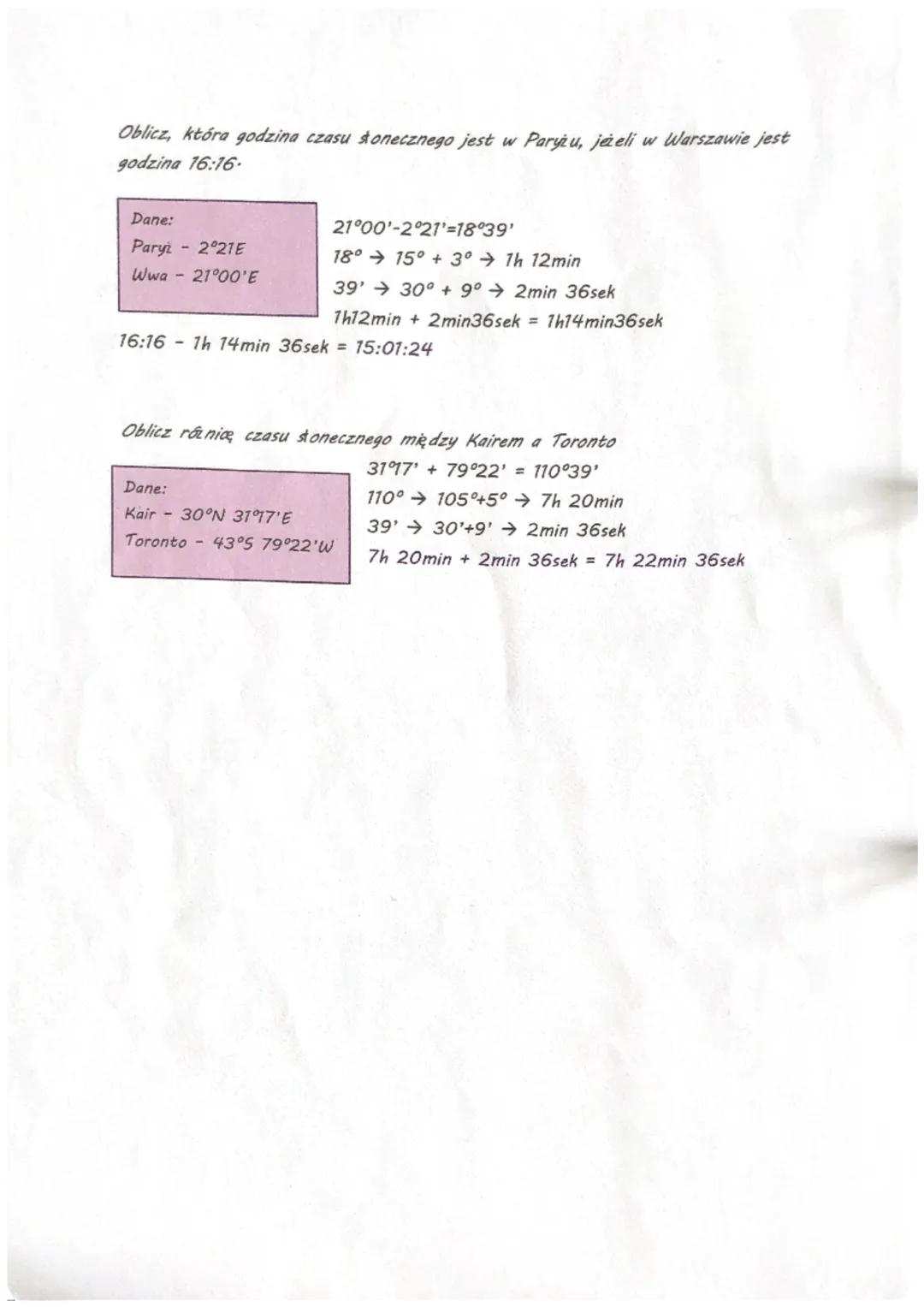 Czas słoneczny
Oblicz o której godzinie czasu słonecznego wyląduje w New York samolot,
który wystartowa w Krakowie o godzinie 9:15, a lot tr