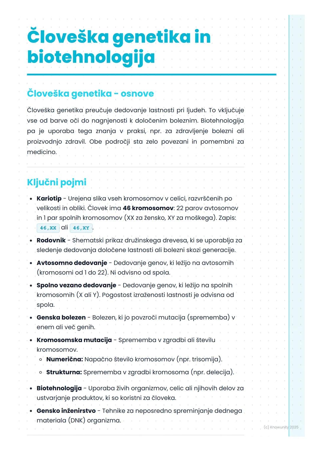 # Človeška genetika in
biotehnologija
Človeška genetika - osnove
Človeška genetika preučuje dedovanje lastnosti pri ljudeh. To vključuje
v