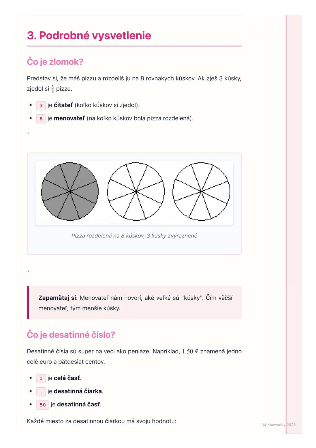 # Zlomky a desatinné čísla
## 1. Prehľad a úvod
Takže, na hodine matematiky si teraz opakujeme zlomky a desatinné čísla. Je
to dôležité, l