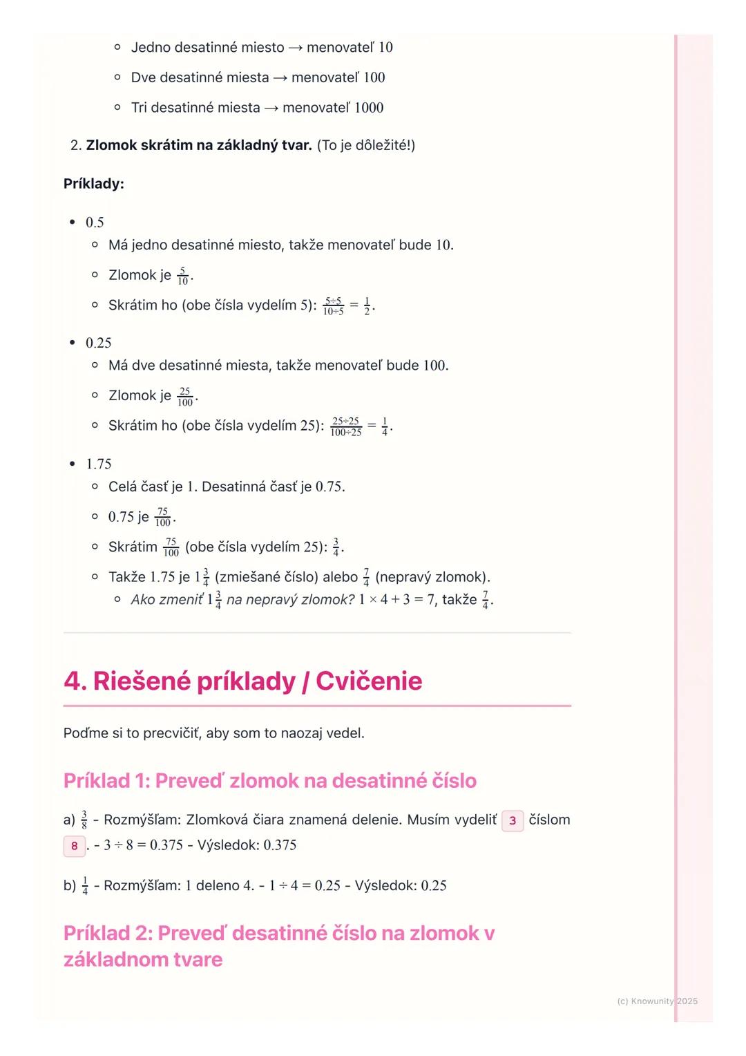 # Zlomky a desatinné čísla
## 1. Prehľad a úvod
Takže, na hodine matematiky si teraz opakujeme zlomky a desatinné čísla. Je
to dôležité, l