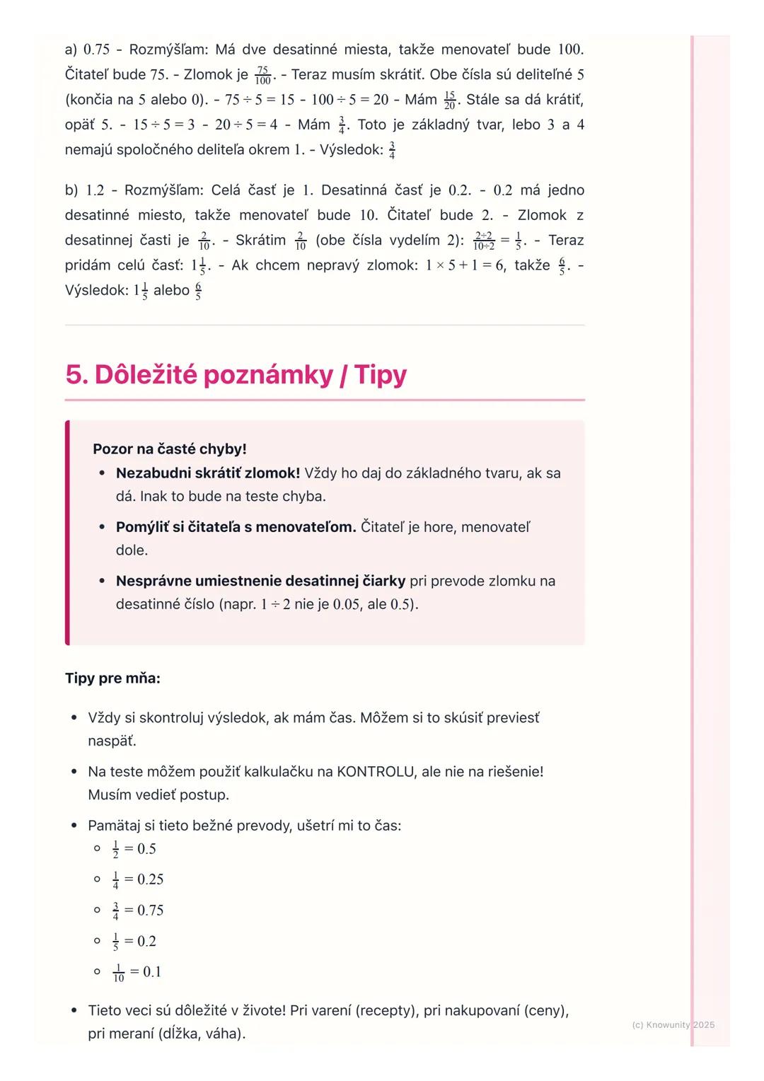 # Zlomky a desatinné čísla
## 1. Prehľad a úvod
Takže, na hodine matematiky si teraz opakujeme zlomky a desatinné čísla. Je
to dôležité, l