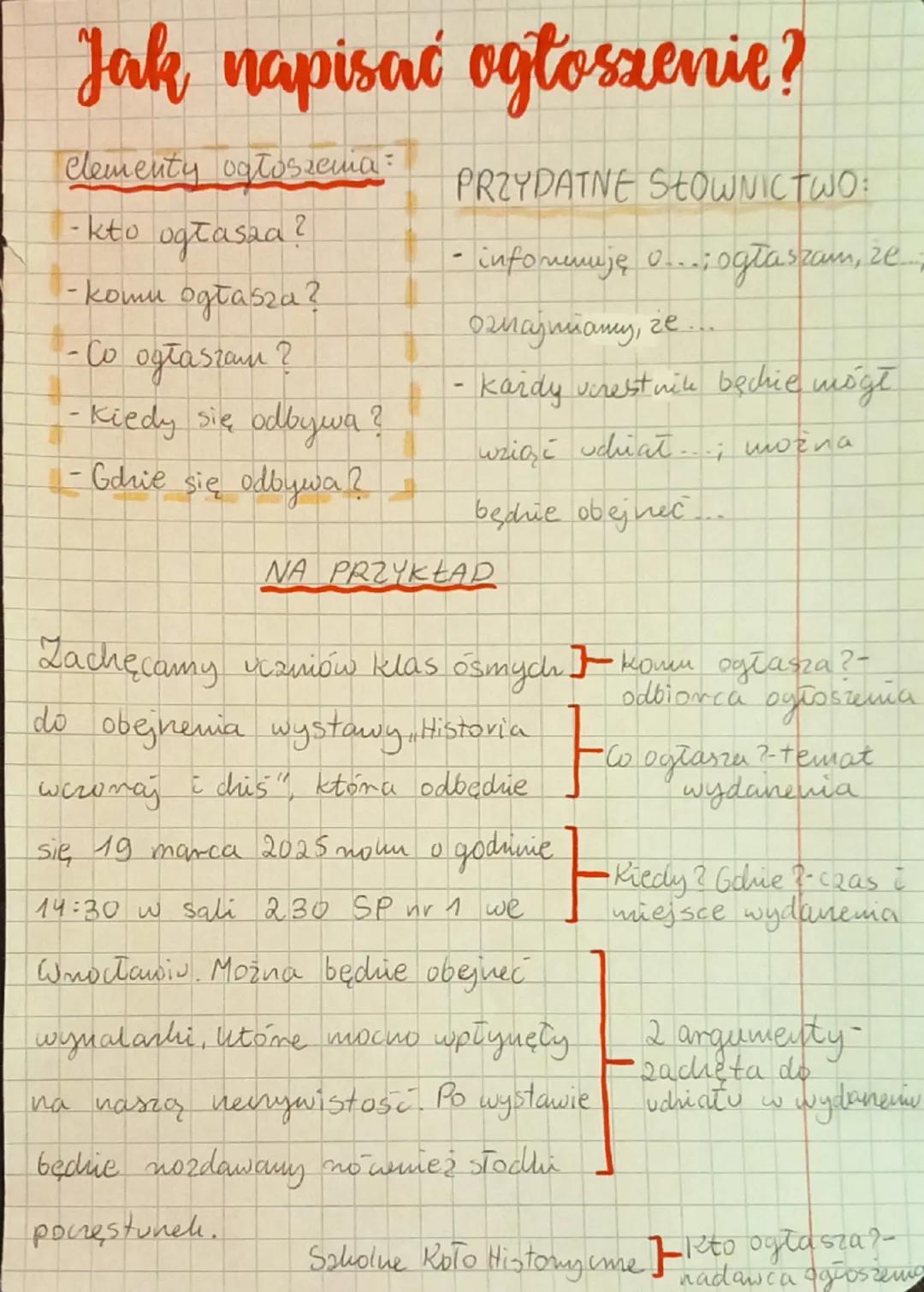 --- OCR Start ---
Jak napisać ogłoszenie?
Clementy ogłoszenia:
-kto ogłasza?
PRZYDATNE SŁOWNICTWO:
- informuję o... ogłaszam, że...
-komu og