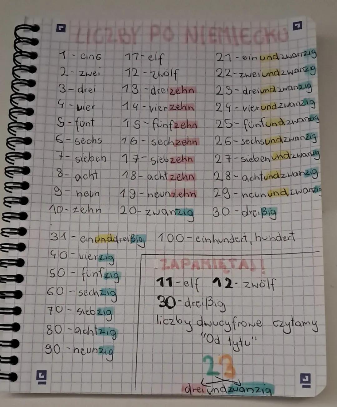 --- OCR Start ---
G
PO NIEMIECKO
1-cing
77-elf
27-einundzwanzig
2-zwei
12-zwölf
22-zweiundzwanzg
3-drei
13-dreizehn
23-dreiundzwanzig
4- Mie