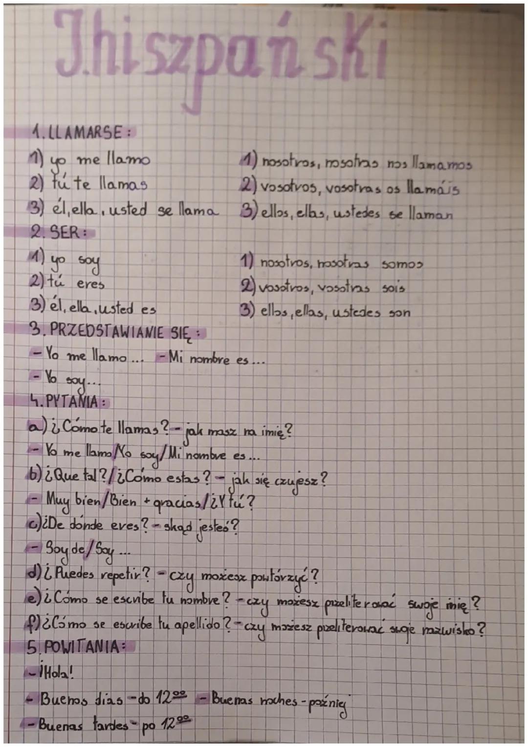 Thiszpański
1.LLAMARSE
1) nosotros, nosotras nos llamamos
2) vosotros, vosotras os llamais
(3) él, ella, usted se llama 3) ellos, ellas, ust