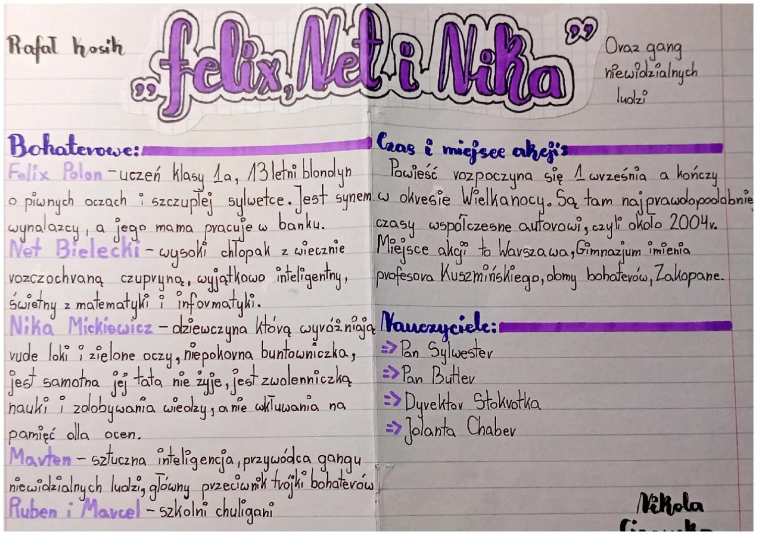 felia Net i Nitta
Bohaterowe:
Cras i miejsee akejis
Felix Polon-uczeń klasy 1a, 13 letni blondyn
Powieść vozpoczyna się 1 września a kończy